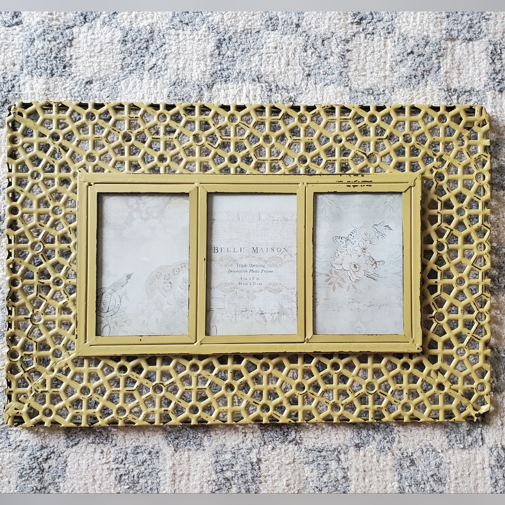 Belle Maison Triple Opening Distressed Metal Decorative Photo Frame Pale Yellow